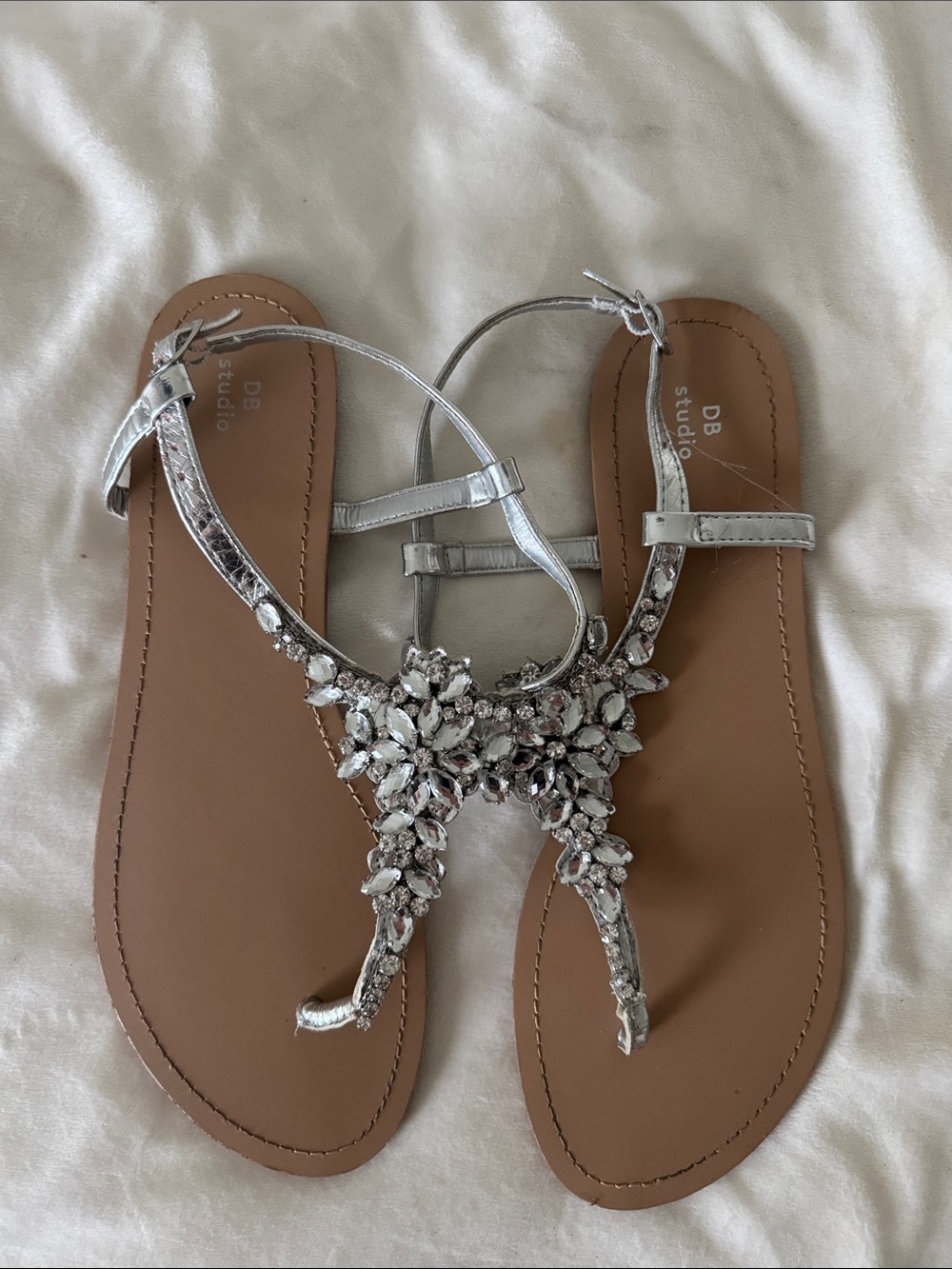 DB Studio Silver Jeweled T-Strap Sandals